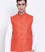 Namaskar orange plain linen nehru-jacket