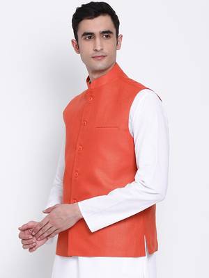 Namaskar orange plain linen nehru-jacket 2