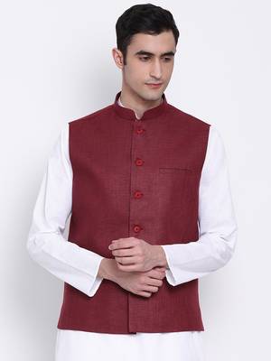 Namaskar maroon plain linen nehru-jacket 1