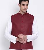 Namaskar maroon plain linen nehru-jacket