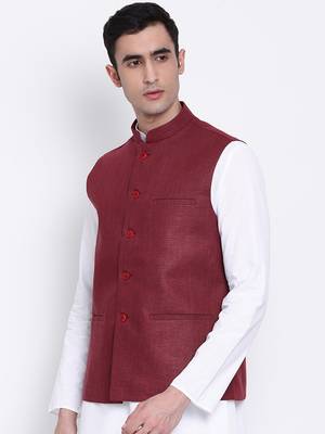 Namaskar maroon plain linen nehru-jacket 2