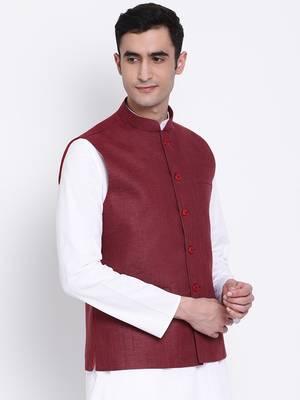 Namaskar maroon plain linen nehru-jacket 3