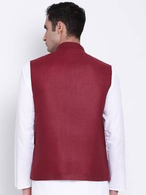 Namaskar maroon plain linen nehru-jacket 4