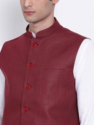 Namaskar maroon plain linen nehru-jacket 5