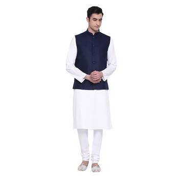 Namaskar navy blue plain linen nehru-jacket 1