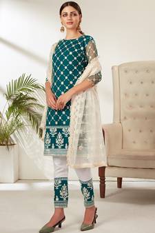Teal-green resham embroidery
 net salwar