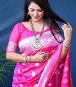 Pink woven Banarasi silk blend saree with blouse