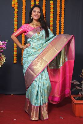 Blue woven Faux kanchipuram silk saree with blouse 1