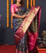 Navy blue woven kanchipuram silk blend saree with blouse