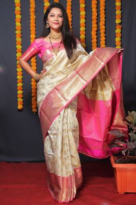 Cream woven kanchipuram silk blend saree with blouse 1
