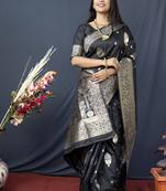 Black Faux kanchipuram Blend Pure silk handloom saree
