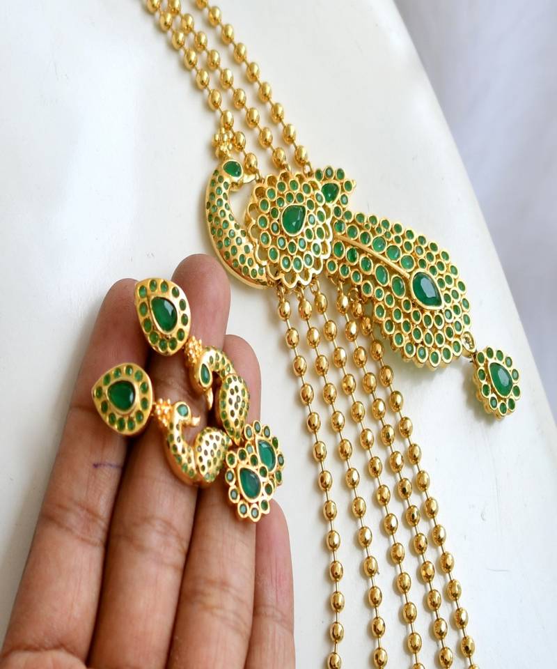 Gold tone peacock emerald mugappu multi layer necklace set dj-02125
