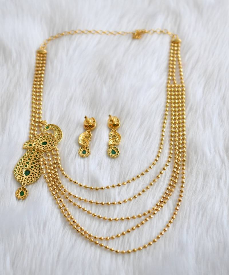Gold tone peacock emerald mugappu multi layer necklace set dj-02125