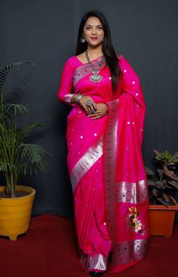 Pink Woven Pure Paithani Silk Blend Saree With Blouse 1