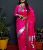 Pink Woven Pure Paithani Silk Blend Saree With Blouse