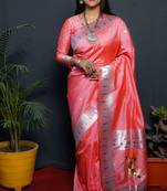 Peach Woven Pure Paithani Silk Blend Saree With Blouse