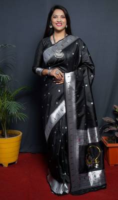 Black Woven Paithani silk blend Saree With Blouse 1