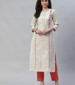 Cream embroidered cotton cotton-kurtis