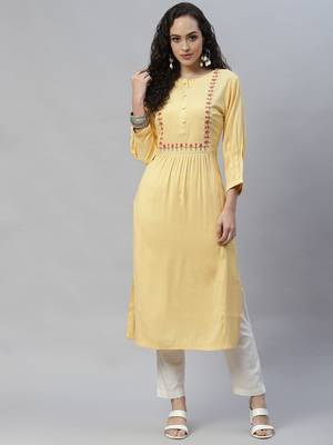 Yellow embroidered cotton cotton-kurtis 1