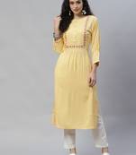 Yellow embroidered cotton cotton-kurtis