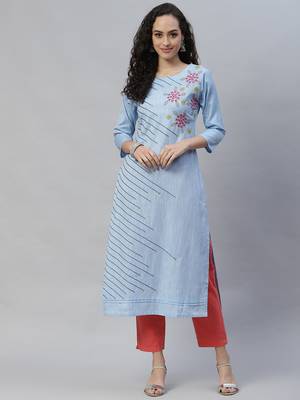 Blue embroidered cotton cotton-kurtis 1