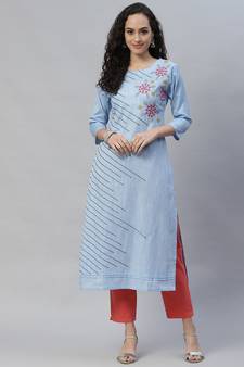 Blue embroidered cotton cotton-kurtis