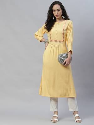 Yellow embroidered cotton cotton-kurtis 4