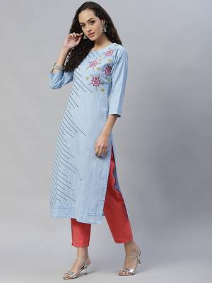 Blue embroidered cotton cotton-kurtis 3