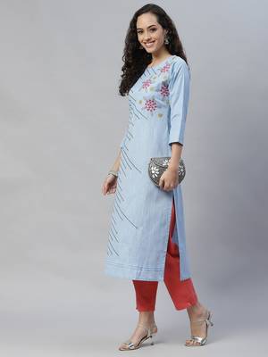Blue embroidered cotton cotton-kurtis 4