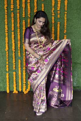 PURPLE PAITHANI SOFT SILK SAREE HAS GOLD ZARI CHECKS SAREE 1