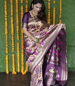 PURPLE PAITHANI SOFT SILK SAREE HAS GOLD ZARI CHECKS SAREE