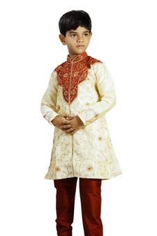 Fawn embroidered art dupion silk boys-kurta-pyjama