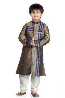 Grey plain art dupion silk boys-sherwani