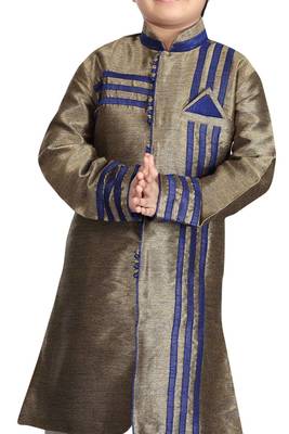 Grey plain art dupion silk boys-sherwani 2