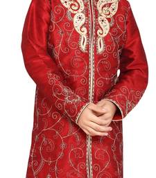 Red embroidered art dupion silk boys-sherwani