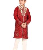 Red embroidered art dupion silk boys-sherwani