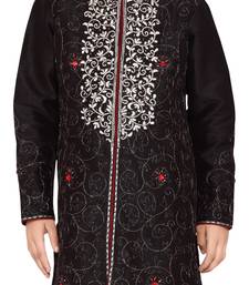 Black embroidered art dupion silk boys-sherwani