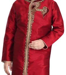 Red embroidered art dupion silk boys-sherwani