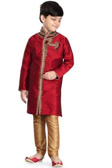 Red embroidered art dupion silk boys-sherwani