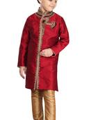 Red embroidered art dupion silk boys-sherwani