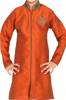 Orange embroidered art dupion silk boys-sherwani