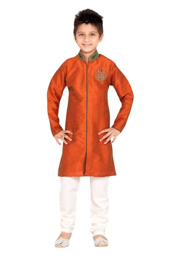 Orange embroidered art dupion silk boys-sherwani