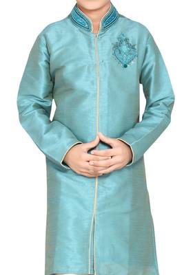 Turquoise embroidered art dupion silk boys-sherwani 2