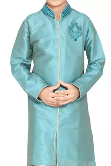 Turquoise embroidered art dupion silk boys-sherwani