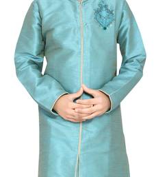 Turquoise embroidered art dupion silk boys-sherwani