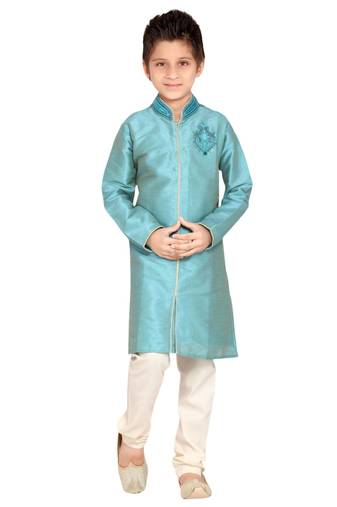 Turquoise embroidered art dupion silk boys-sherwani