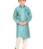 Turquoise embroidered art dupion silk boys-sherwani