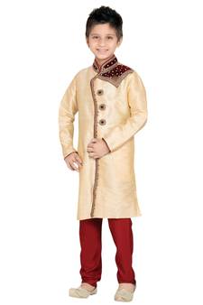 Fawn embroidered art dupion silk boys-sherwani