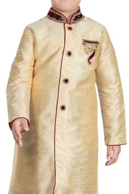 Fawn embroidered art dupion silk boys-sherwani 2