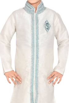 White embroidered art dupion silk boys-sherwani